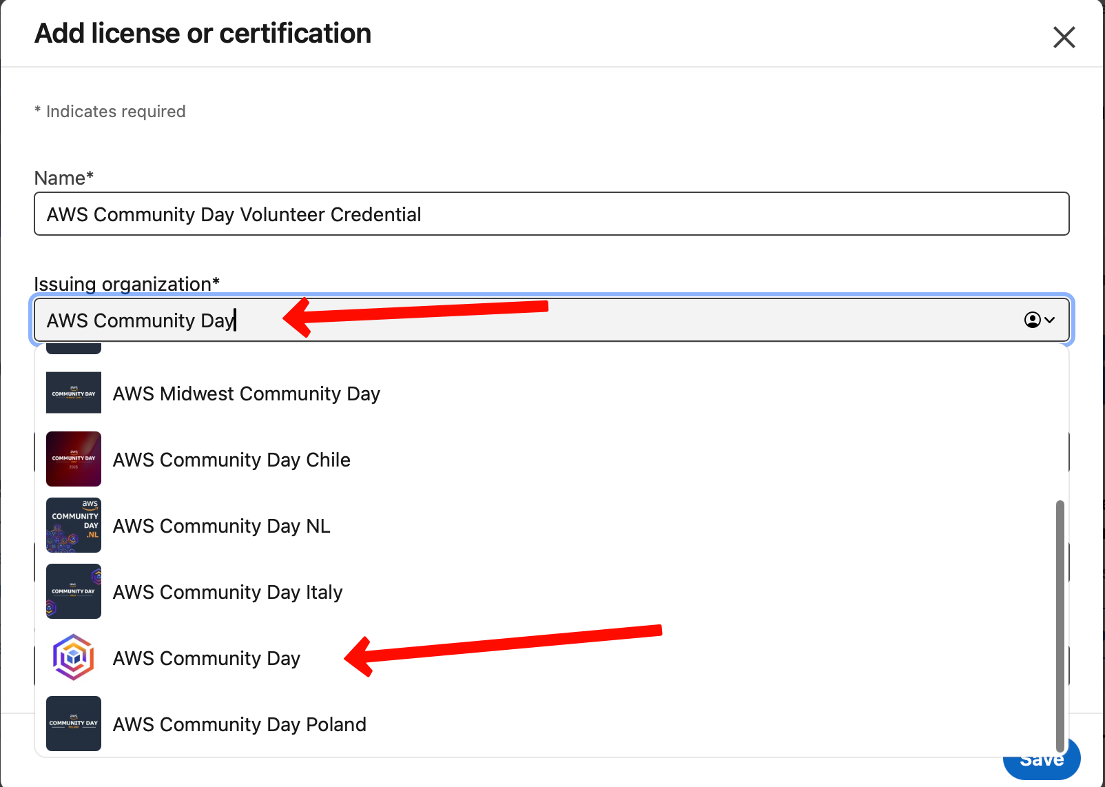 LinkedIn issuing organization dropdown showing AWS Community Day selected from the list